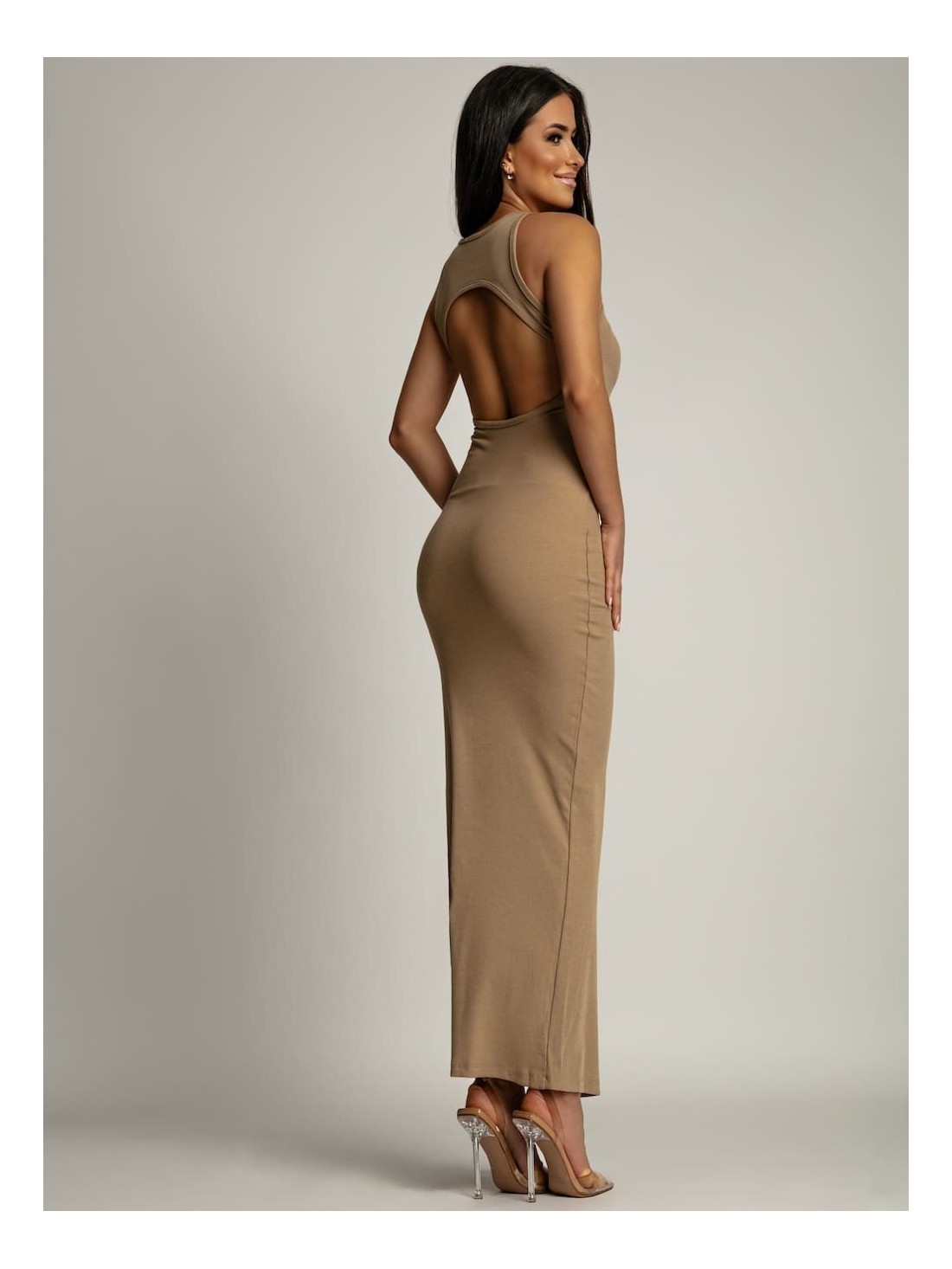 Fitted basic dress with a cutout on the back, beige FG669 - Online store - Boutique